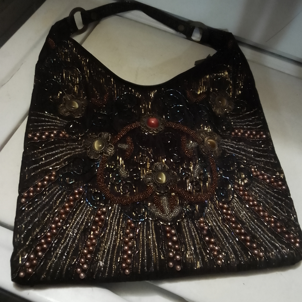 Elegant Y2K Style  Black and Gold Beaded Rhinestone‎ Art Deco Handbag 13" X 16"